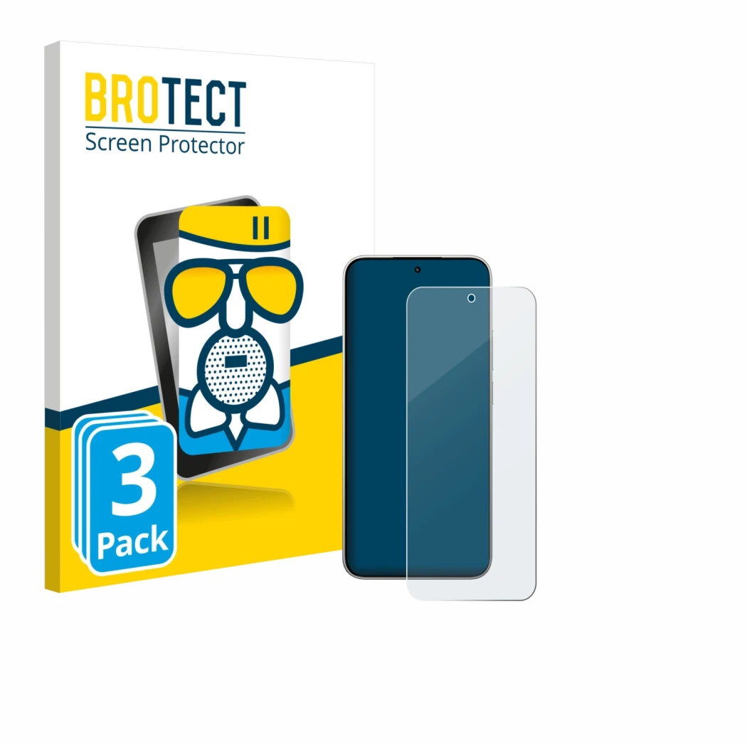 Face avant d’un emballage produit avec le logo de la marque BROTECT. À côté, l’appareil Xiaomi 15T est représenté avec la prot