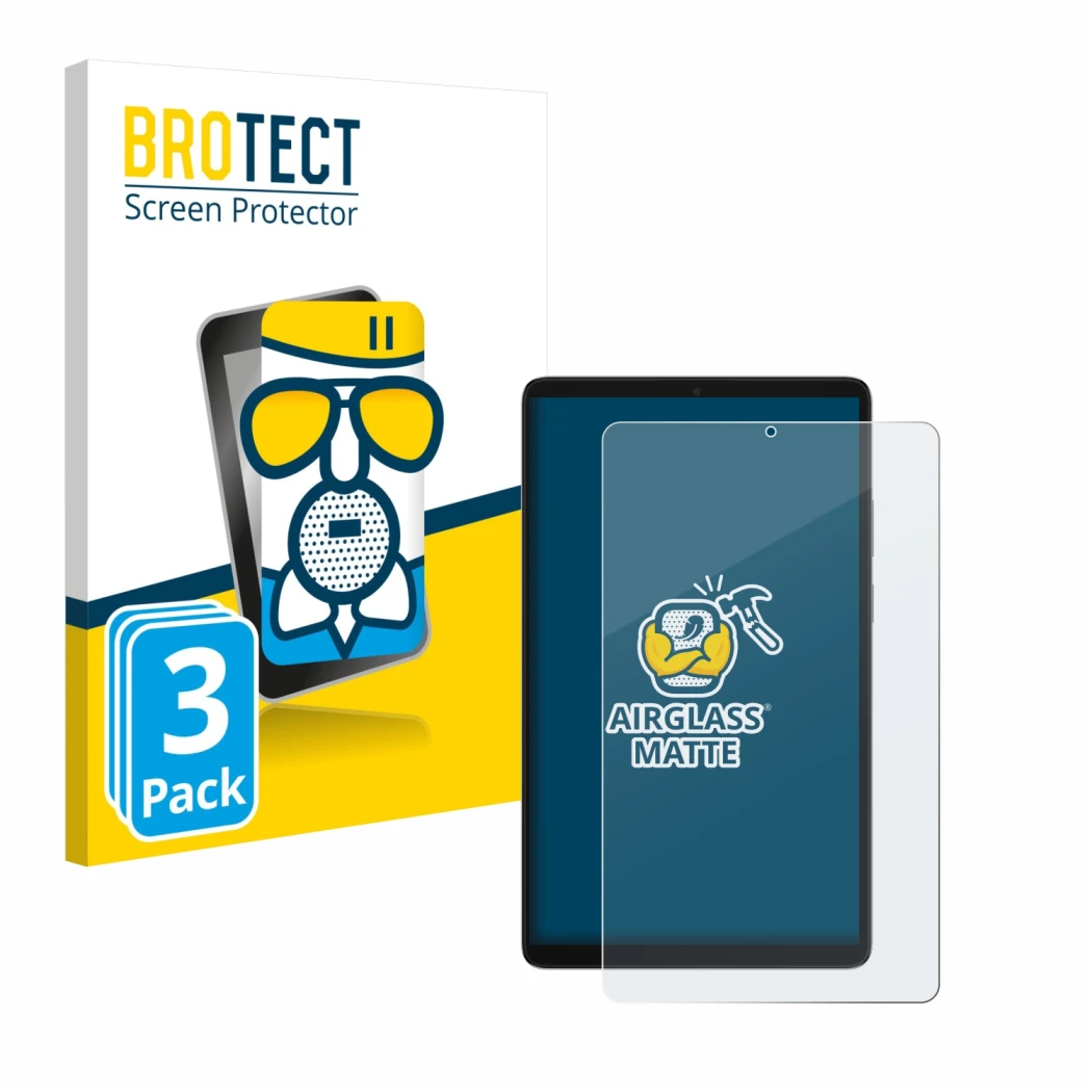 Face avant d’un emballage produit avec le logo de la marque BROTECT. À côté, l’appareil Samsung Galaxy Tab A11 8.7