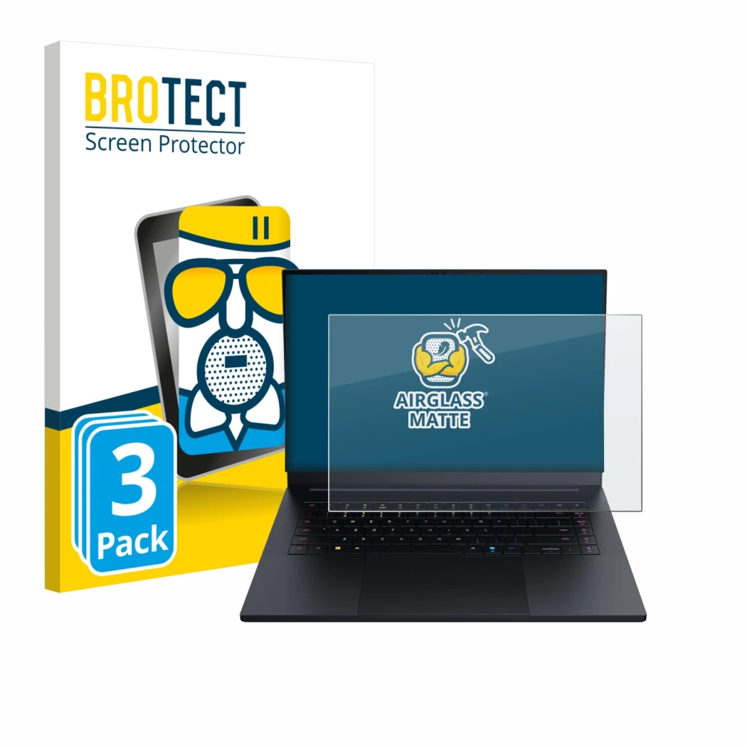 Face avant d’un emballage produit avec le logo de la marque BROTECT. À côté, l’appareil Razer Blade 16 2025 est représenté ave