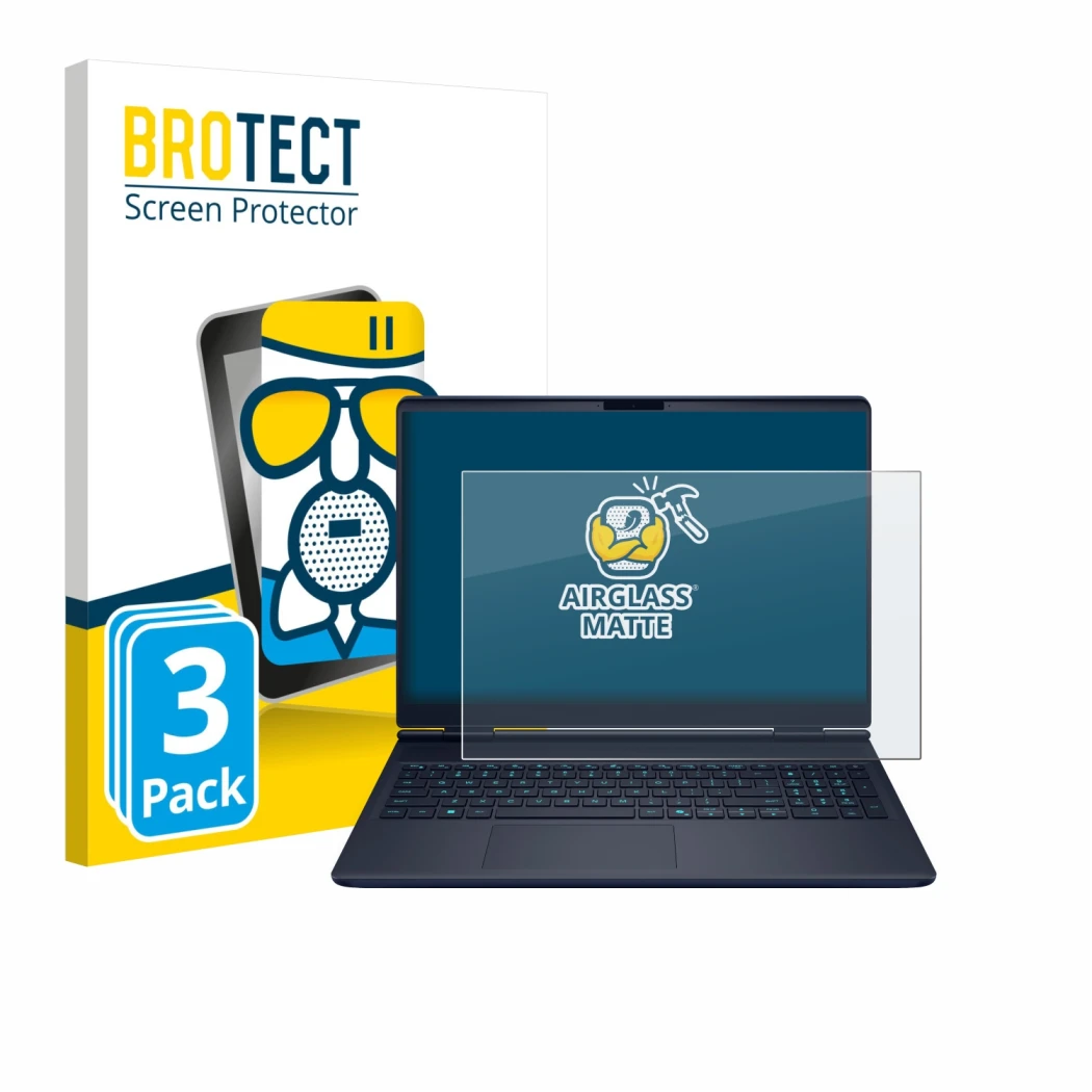 Face avant d’un emballage produit avec le logo de la marque BROTECT. À côté, l’appareil Dell Alienware 16X est représenté avec