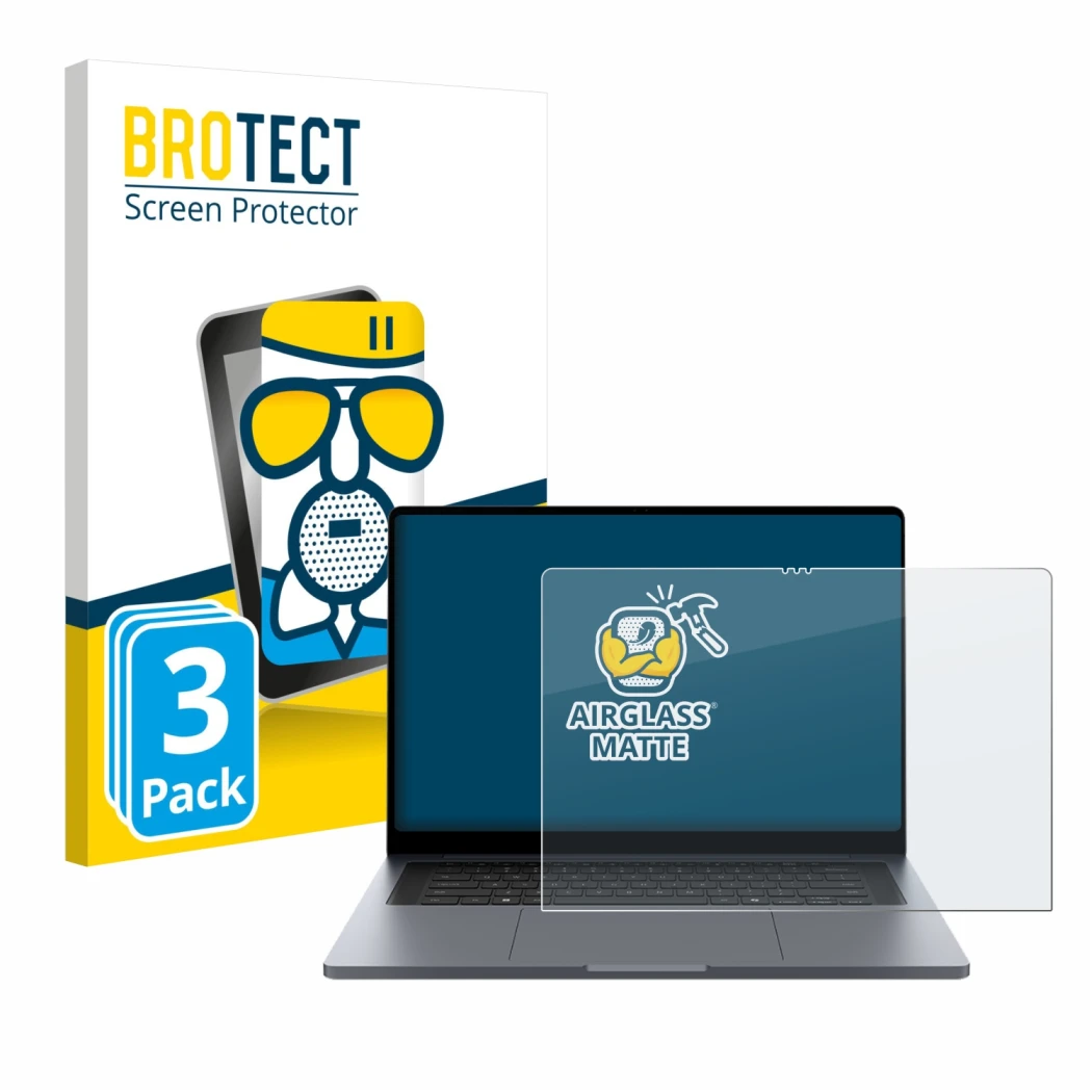 Face avant d’un emballage produit avec le logo de la marque BROTECT. À côté, l’appareil Samsung Galaxy Book6 Ultra 16