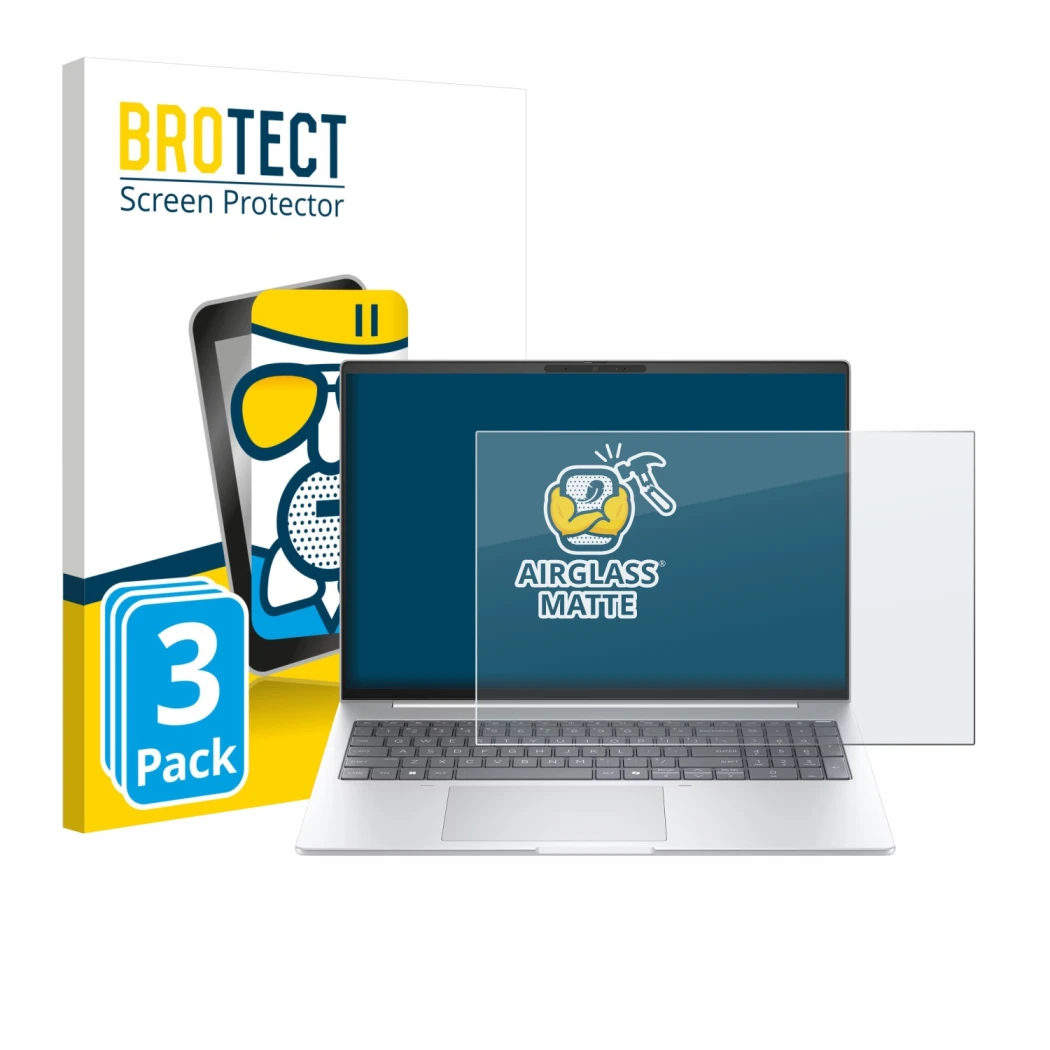 Face avant d’un emballage produit avec le logo de la marque BROTECT. À côté, l’appareil HP EliteBook 8 G1i 16