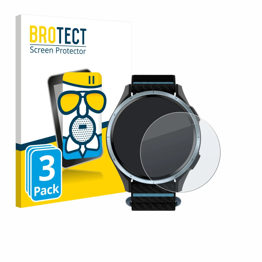 Face avant d’un emballage produit avec le logo de la marque BROTECT. À côté, l’appareil Garmin Approach J1 est représenté avec