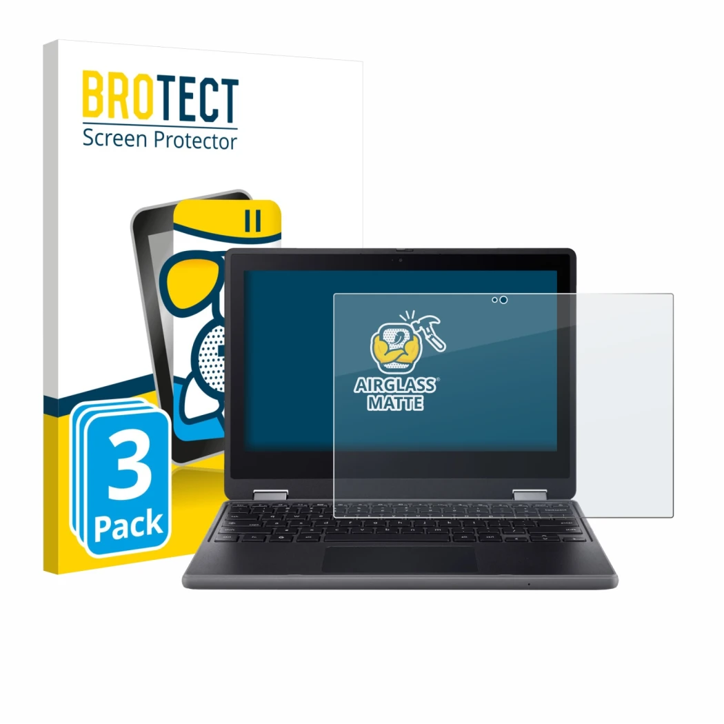 Face avant d’un emballage produit avec le logo de la marque BROTECT. À côté, l’appareil Acer Chromebook Spin 511 R757TN est re