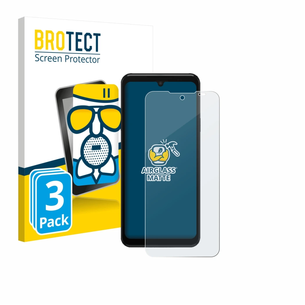 Face avant d’un emballage produit avec le logo de la marque BROTECT. À côté, l’appareil Sunmi M3 est représenté avec la protec