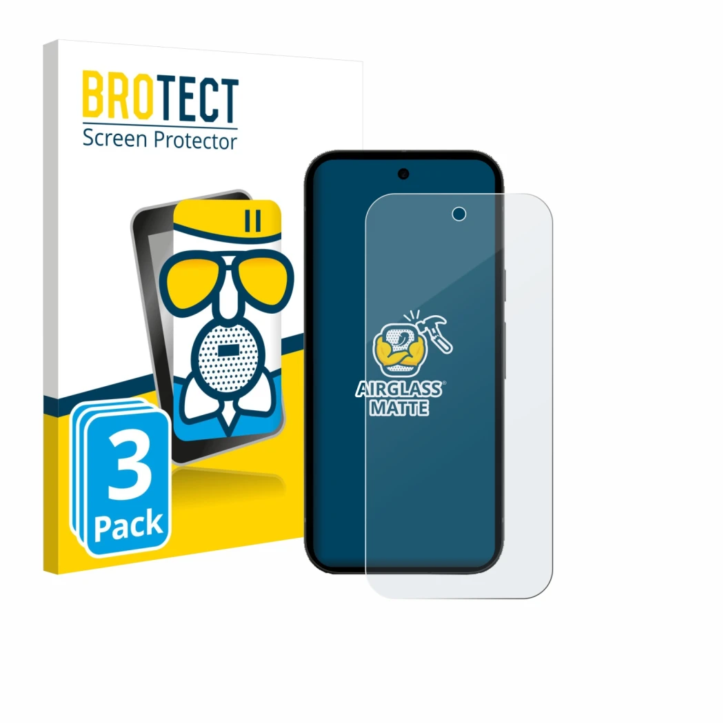 Face avant d’un emballage produit avec le logo de la marque BROTECT. À côté, l’appareil Google Pixel 10a est représenté avec l