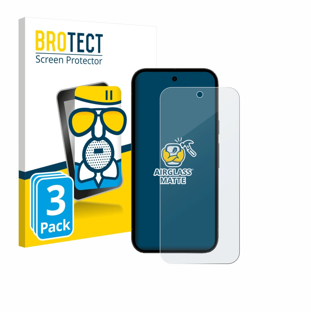 Face avant d’un emballage produit avec le logo de la marque BROTECT. À côté, l’appareil Google Pixel 10a (case-friendly) est r