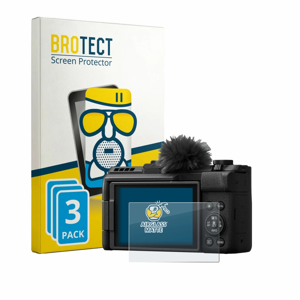 Face avant d’un emballage produit avec le logo de la marque BROTECT. À côté, l’appareil Canon PowerShot V1 Premium est représe