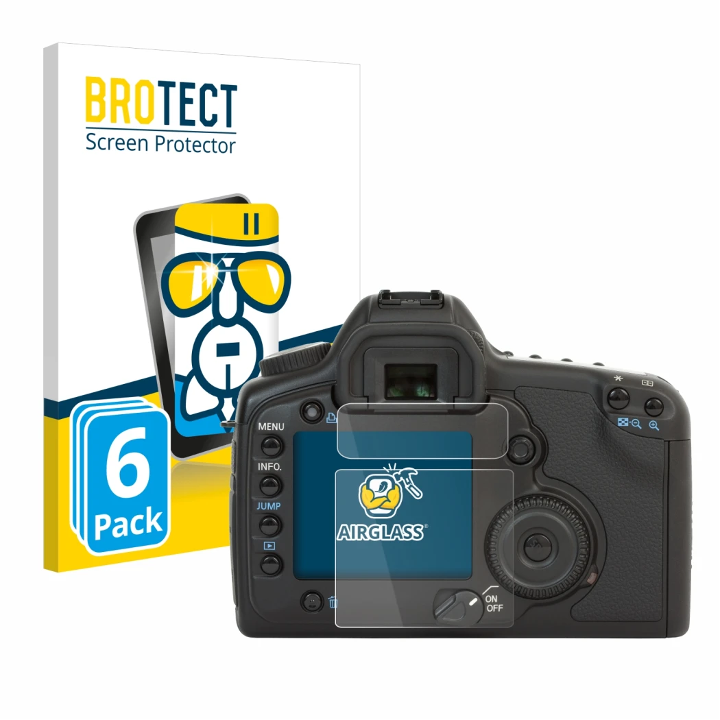 Face avant d’un emballage produit avec le logo de la marque BROTECT. À côté, l’appareil Canon EOS 5D est représenté avec la pr