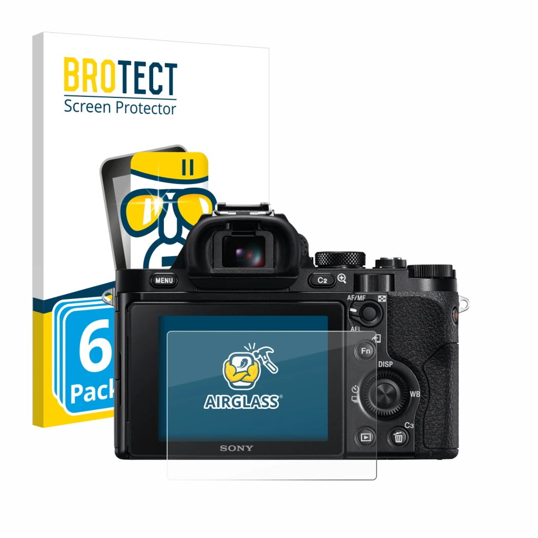 Face avant d’un emballage produit avec le logo de la marque BROTECT. À côté, l’appareil Sony Alpha 7 (ILCE-7) est représenté a