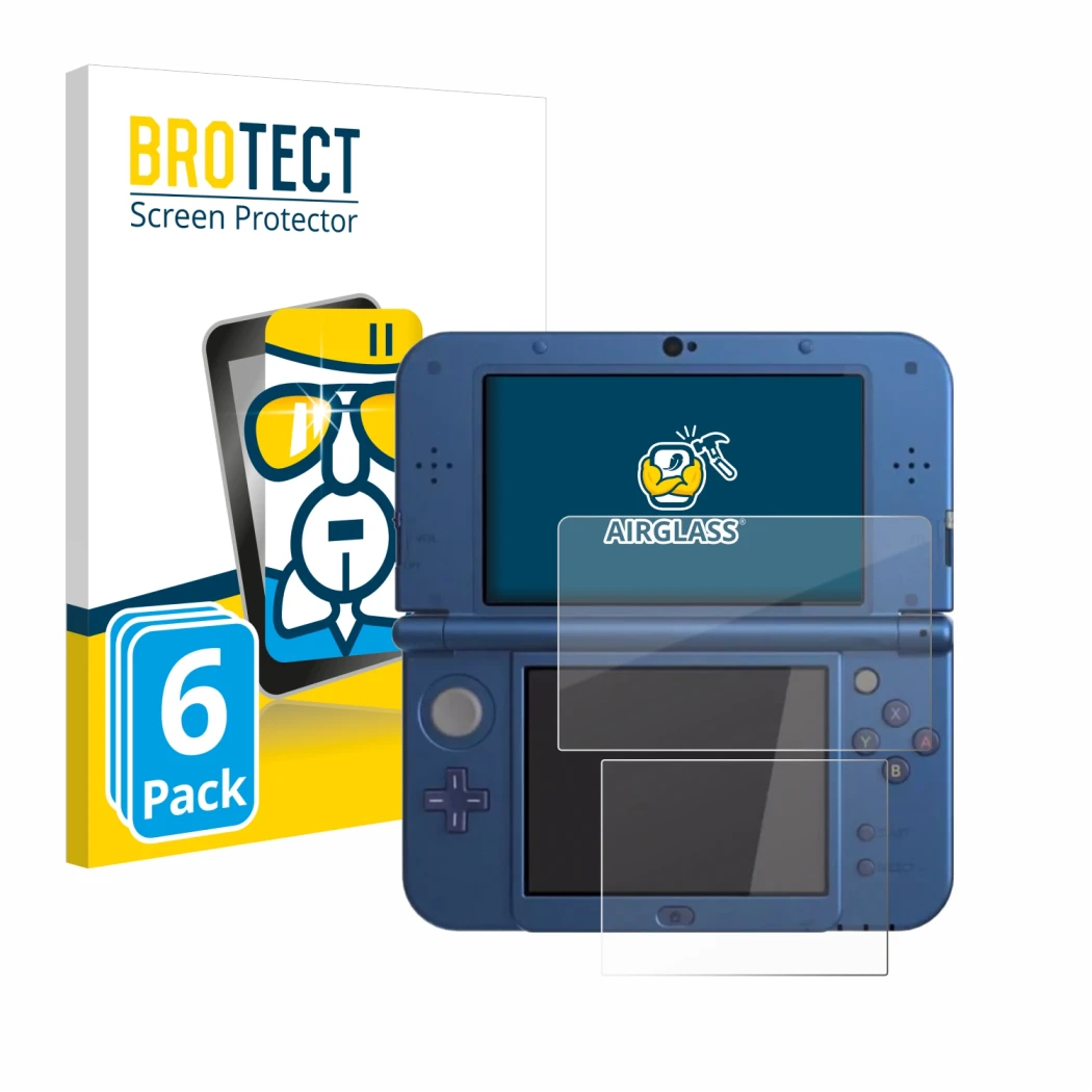 Face avant d’un emballage produit avec le logo de la marque BROTECT. À côté, l’appareil Nintendo New 3DS XL est représenté ave