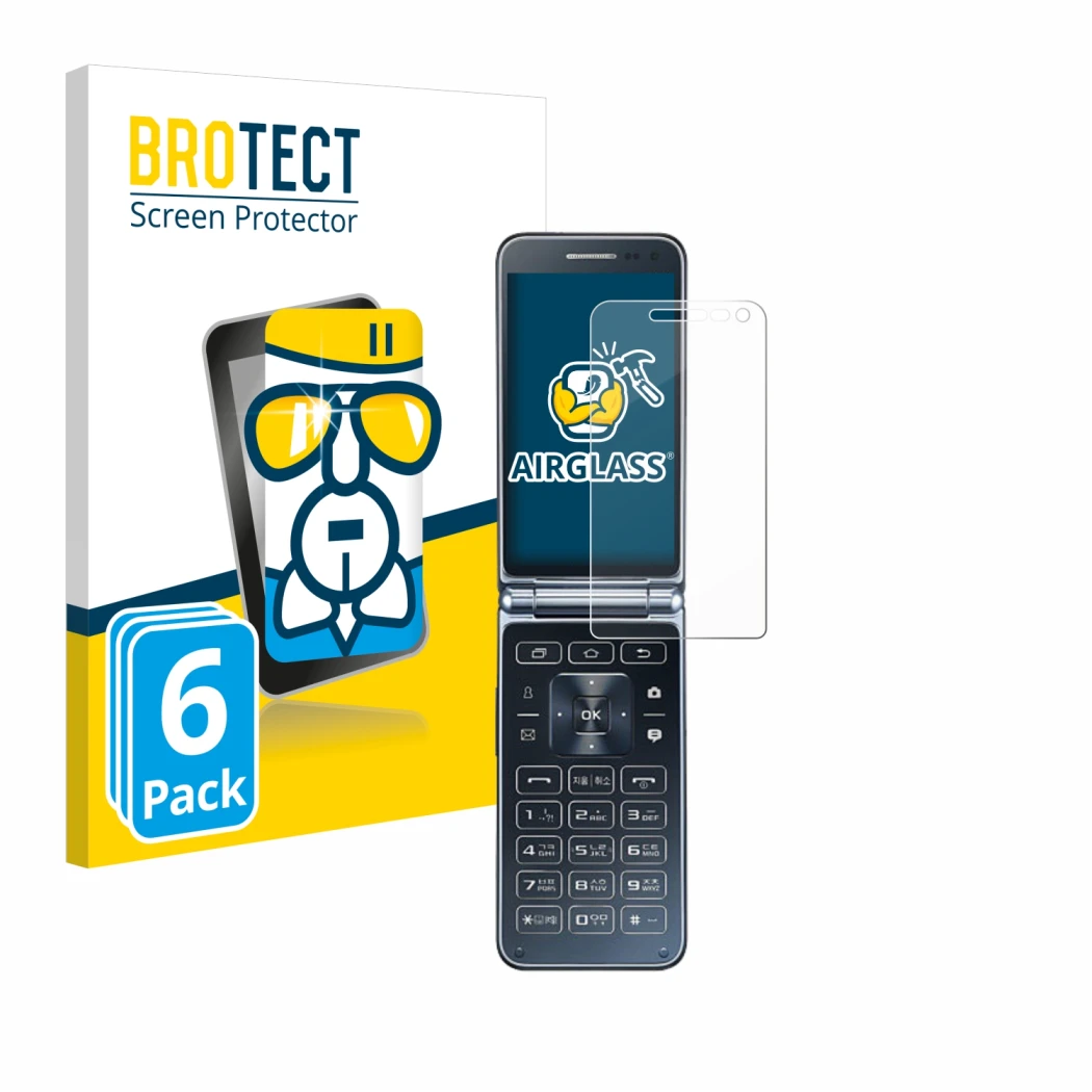 Face avant d’un emballage produit avec le logo de la marque BROTECT. À côté, l’appareil Samsung Galaxy Folder 2 est représenté