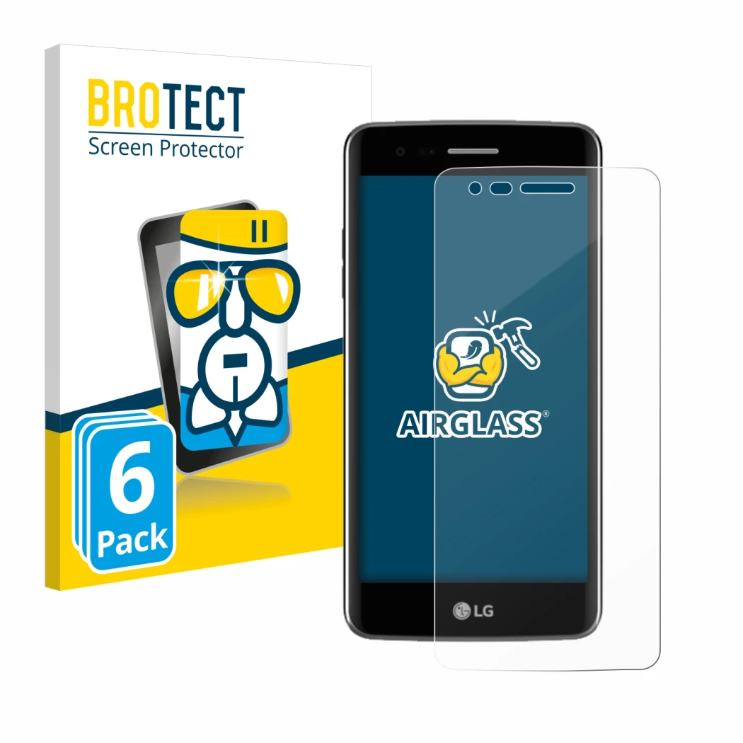 Face avant d’un emballage produit avec le logo de la marque BROTECT. À côté, l’appareil LG K8 2017 est représenté avec la prot