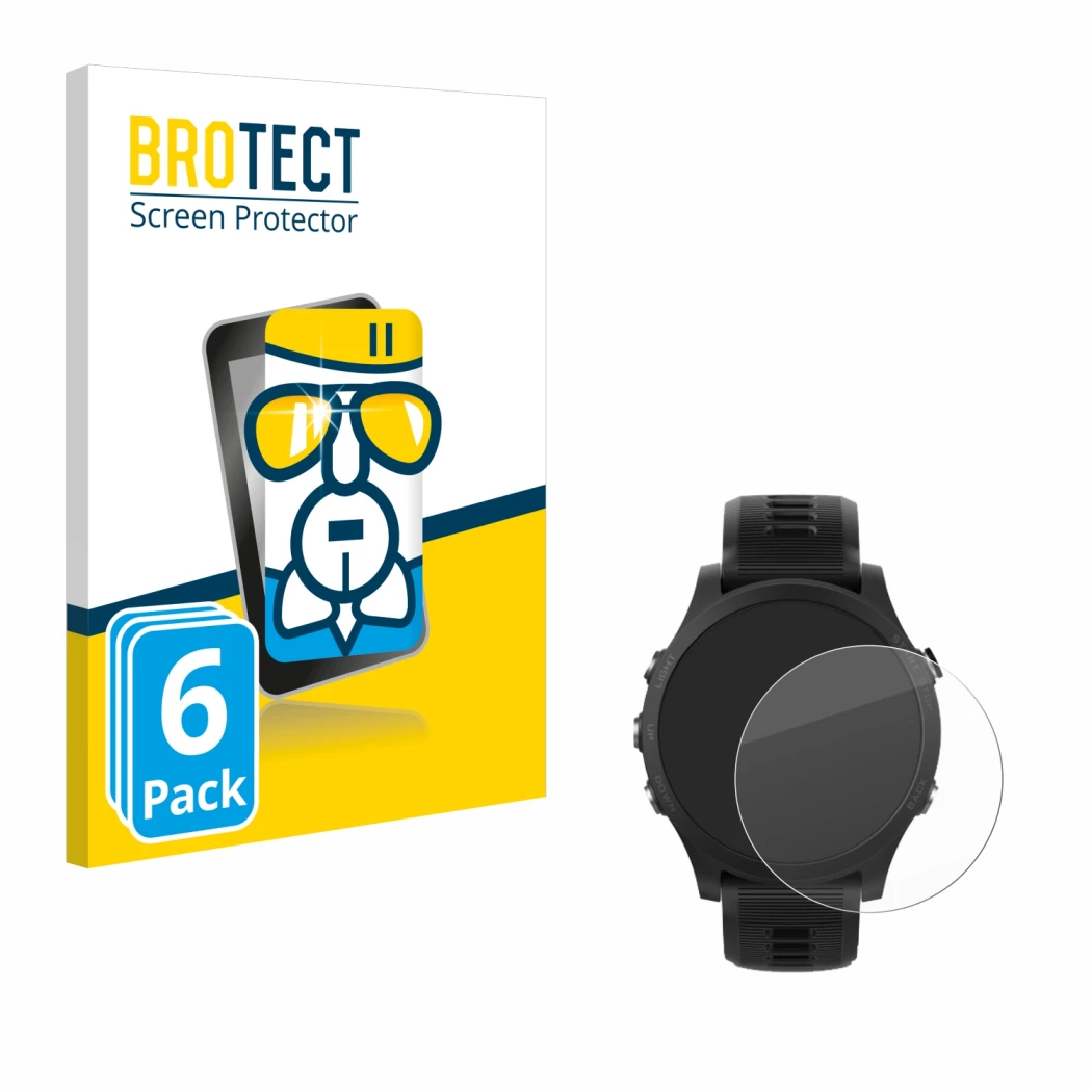 Face avant d’un emballage produit avec le logo de la marque BROTECT. À côté, l’appareil Garmin Forerunner 935 est représenté a