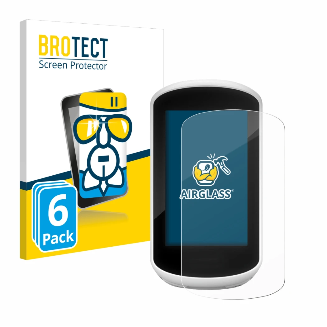 Face avant d’un emballage produit avec le logo de la marque BROTECT. À côté, l’appareil Garmin Edge Explore 2018 est représent