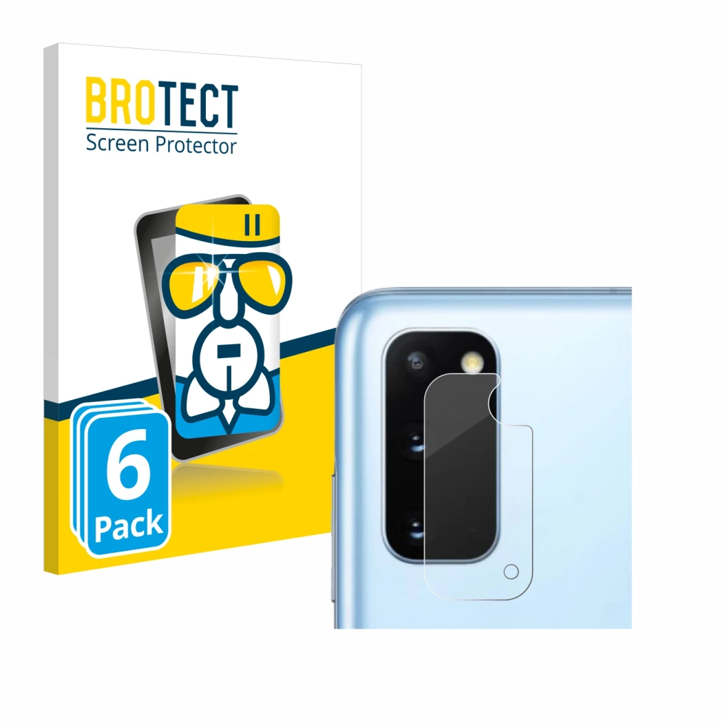 Face avant d’un emballage produit avec le logo de la marque BROTECT. À côté, l’appareil Samsung Galaxy S20 (Caméra UNIQUEMENT)