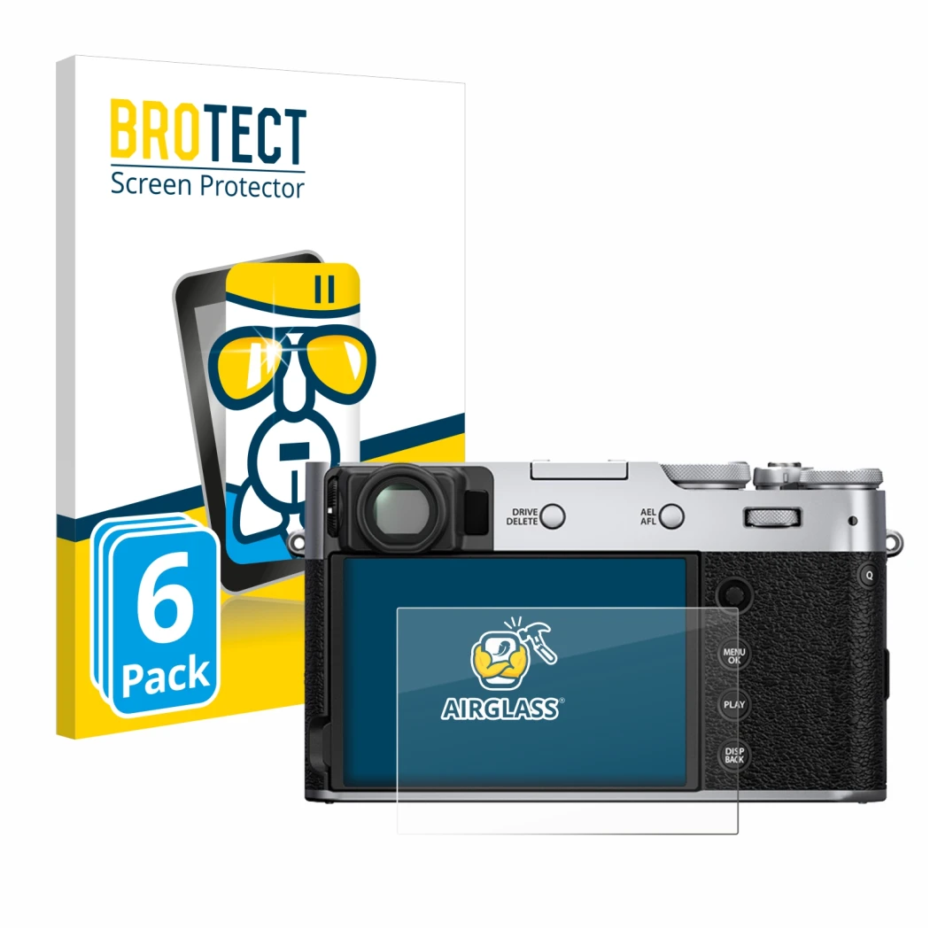 Face avant d’un emballage produit avec le logo de la marque BROTECT. À côté, l’appareil Fujifilm X100V est représenté avec la