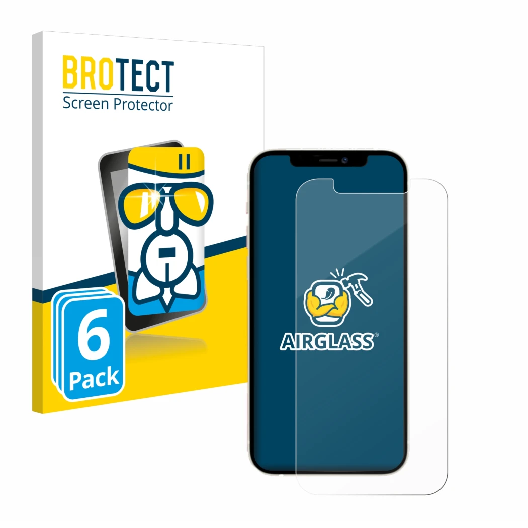 Face avant d’un emballage produit avec le logo de la marque BROTECT. À côté, l’appareil Apple iPhone 12 est représenté avec la