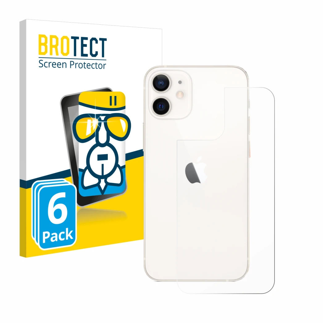 Face avant d’un emballage produit avec le logo de la marque BROTECT. À côté, l’appareil Apple iPhone 12 mini (Arrière) est rep