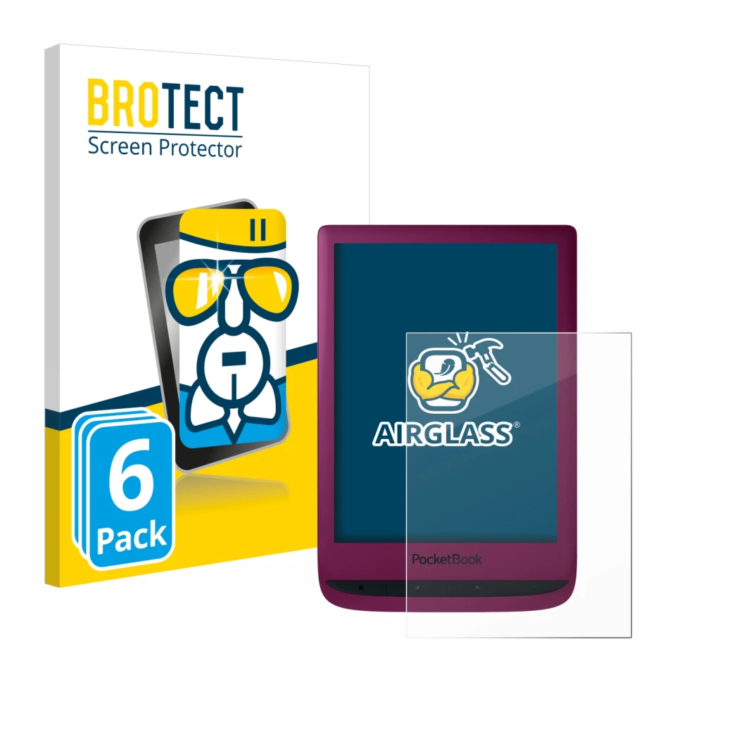 Face avant d’un emballage produit avec le logo de la marque BROTECT. À côté, l’appareil PocketBook Touch Lux 5 est représenté