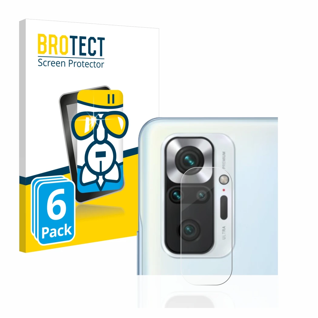 Face avant d’un emballage produit avec le logo de la marque BROTECT. À côté, l’appareil Xiaomi Redmi Note 10 Pro (Caméra UNIQU