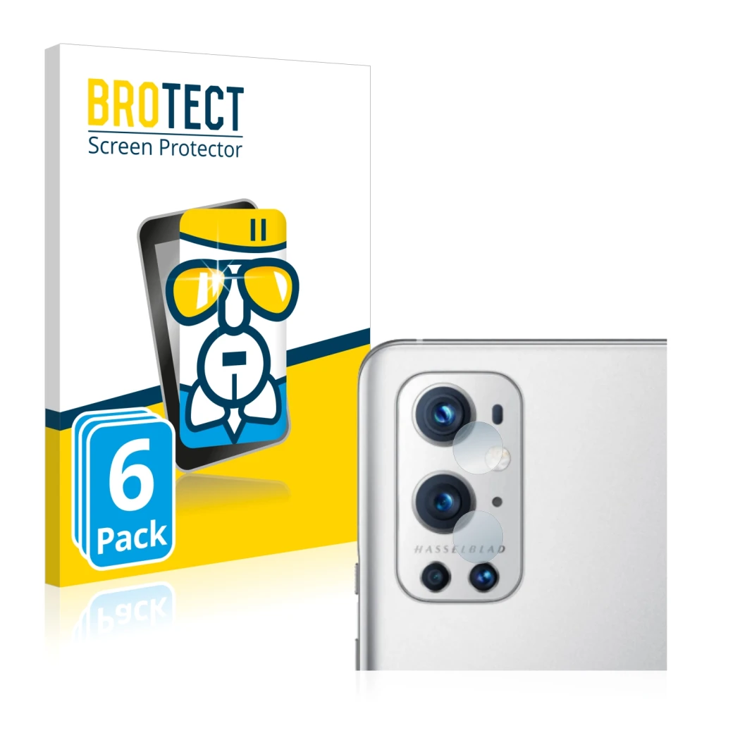 Face avant d’un emballage produit avec le logo de la marque BROTECT. À côté, l’appareil OnePlus 9 Pro (Caméra UNIQUEMENT) est 