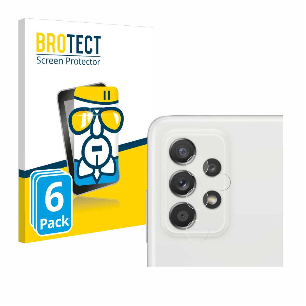 Face avant d’un emballage produit avec le logo de la marque BROTECT. À côté, l’appareil Samsung Galaxy A52s 5G (Caméra UNIQUEM