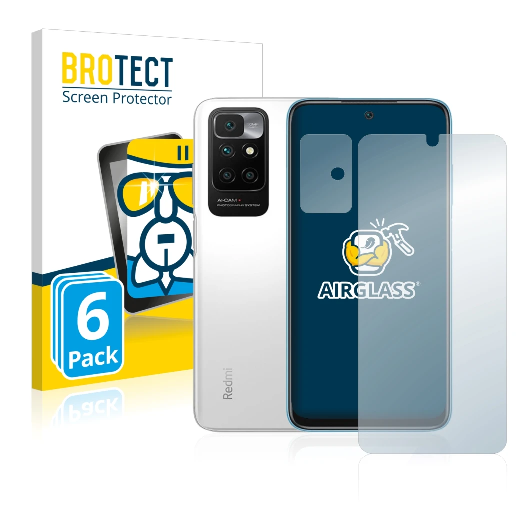 Face avant d’un emballage produit avec le logo de la marque BROTECT. À côté, l’appareil Xiaomi Redmi 10 (Avant+Caméra) est rep