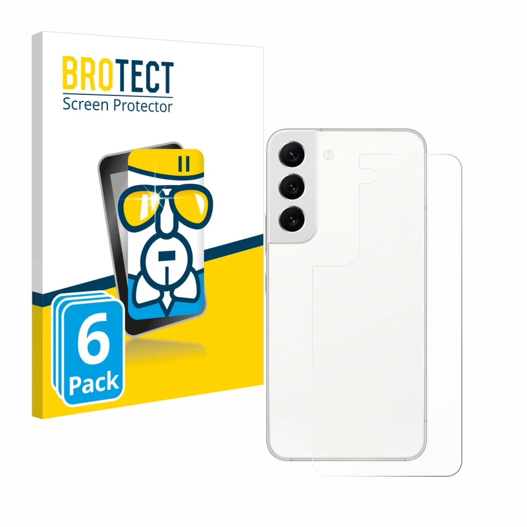 Face avant d’un emballage produit avec le logo de la marque BROTECT. À côté, l’appareil Samsung Galaxy S22 5G (Arrière) est re
