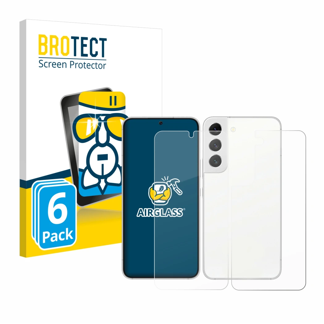 Face avant d’un emballage produit avec le logo de la marque BROTECT. À côté, l’appareil Samsung Galaxy S22 5G (Avant+Arrière)