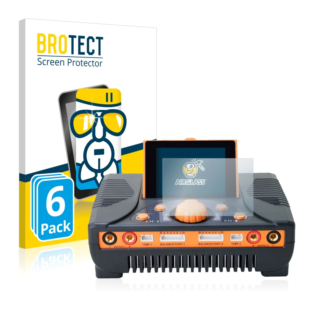 Face avant d’un emballage produit avec le logo de la marque BROTECT. À côté, l’appareil Junsi iCharger 406 Duo est représenté