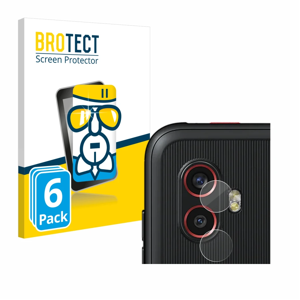 Face avant d’un emballage produit avec le logo de la marque BROTECT. À côté, l’appareil Samsung Galaxy Xcover 6 Pro (Caméra UN