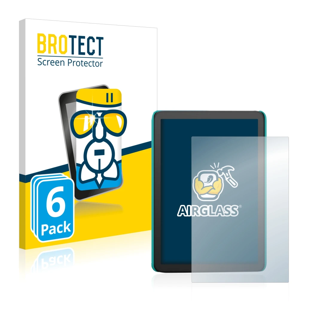 Face avant d’un emballage produit avec le logo de la marque BROTECT. À côté, l’appareil Amazon Kindle Kids (2022) est représen