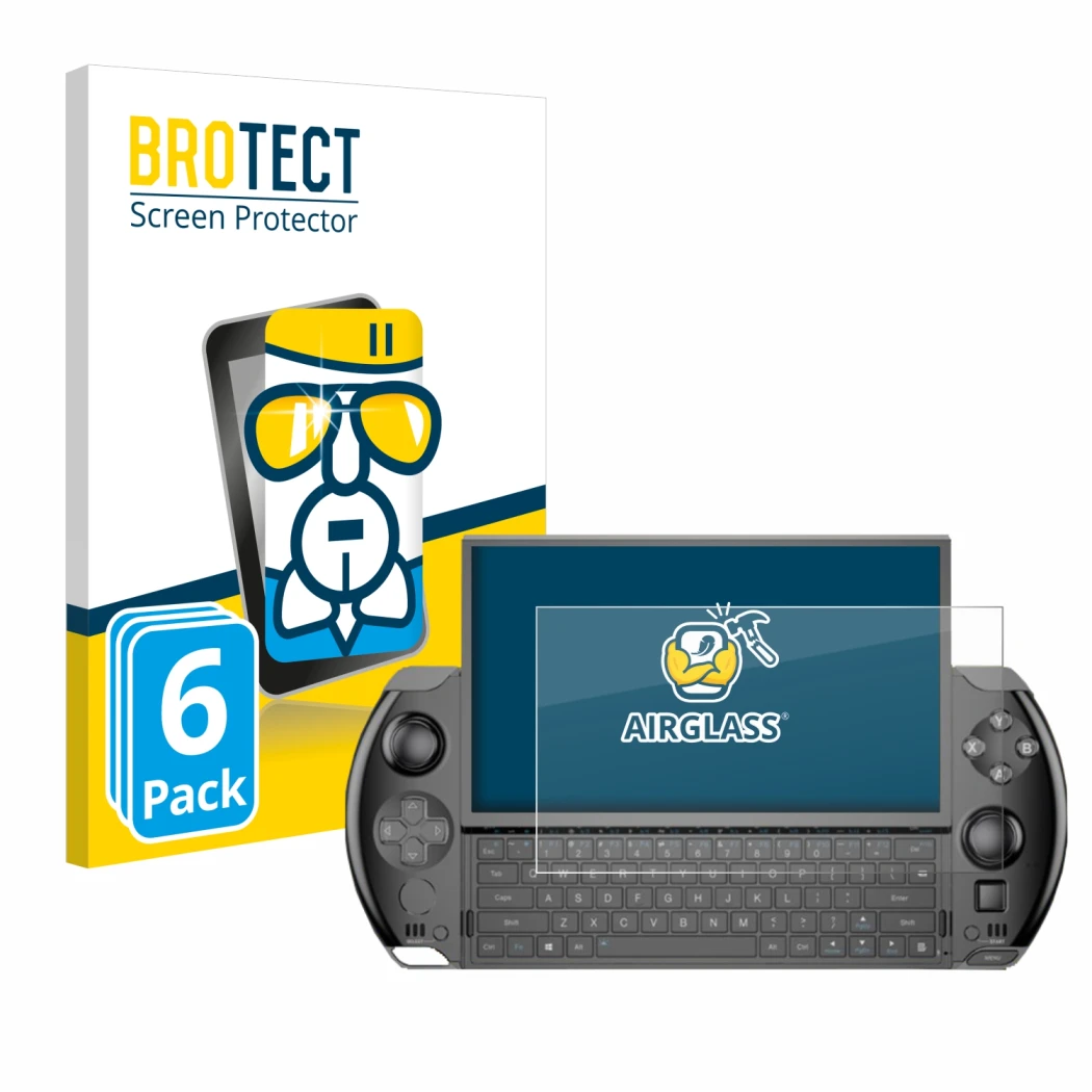 Face avant d’un emballage produit avec le logo de la marque BROTECT. À côté, l’appareil GPD Win 4 est représenté avec la prote