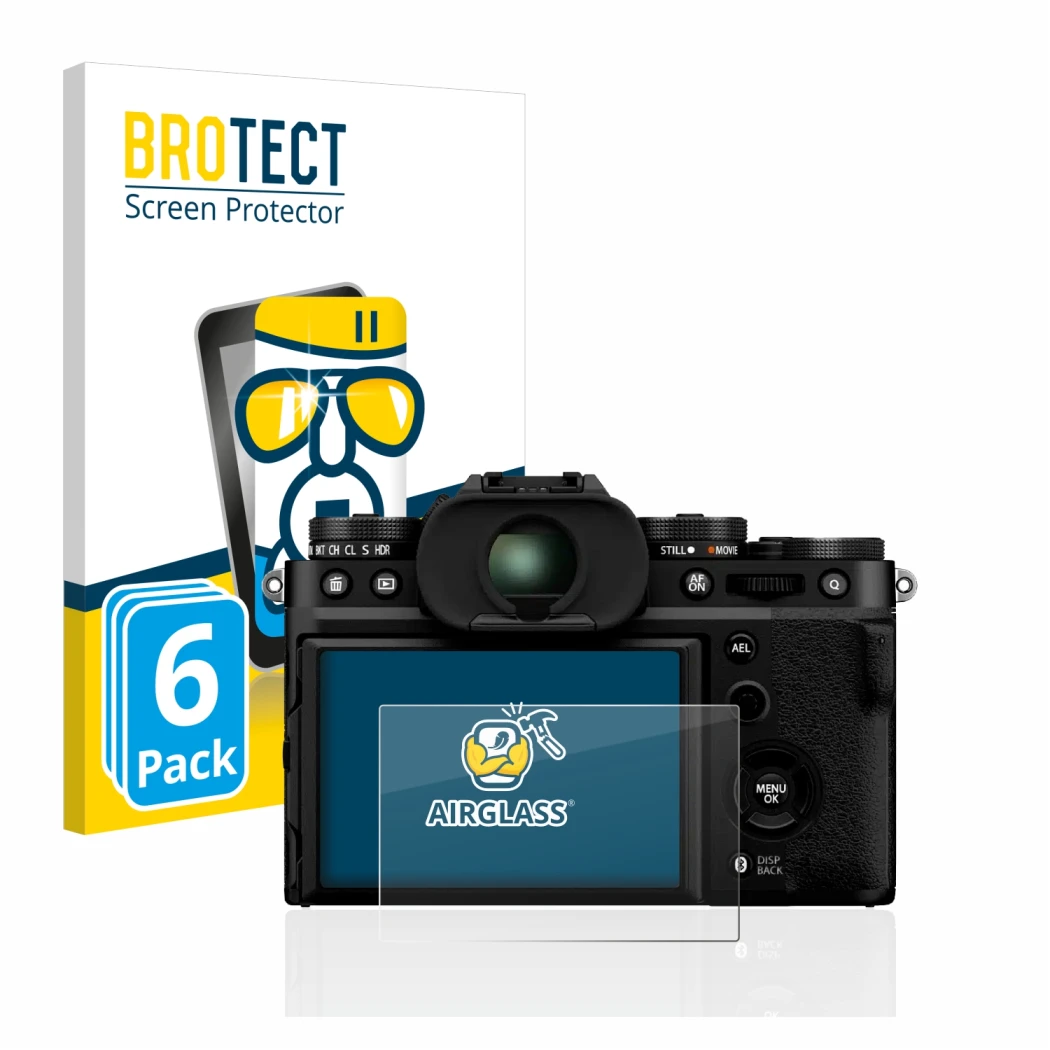 Face avant d’un emballage produit avec le logo de la marque BROTECT. À côté, l’appareil Fujifilm X-T5 est représenté avec la p