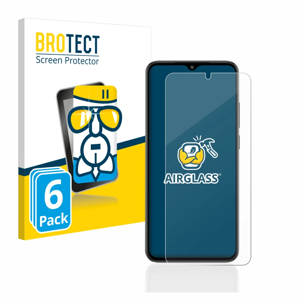 Face avant d’un emballage produit avec le logo de la marque BROTECT. À côté, l’appareil Xiaomi Redmi A2 est représenté avec la