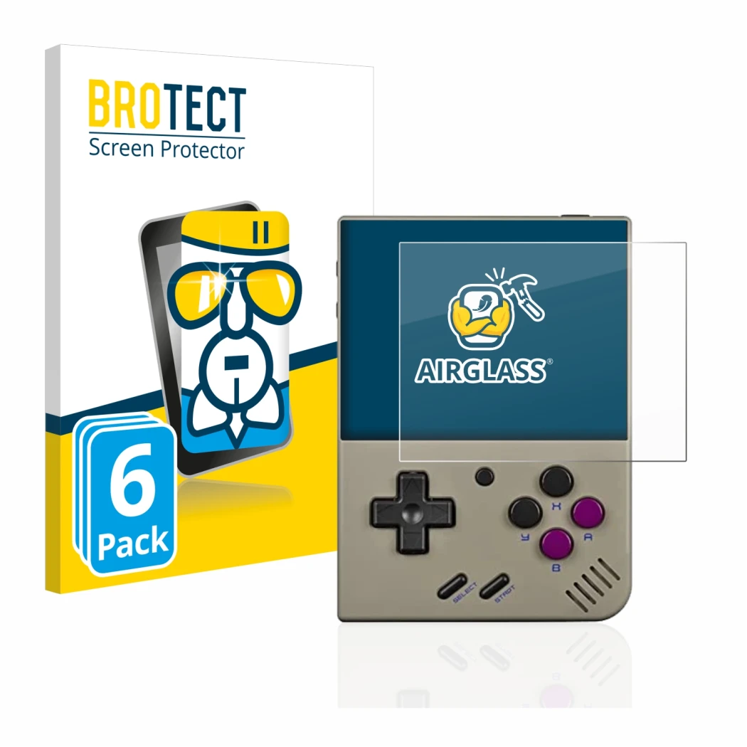 Face avant d’un emballage produit avec le logo de la marque BROTECT. À côté, l’appareil Miyoo Mini Plus est représenté avec la