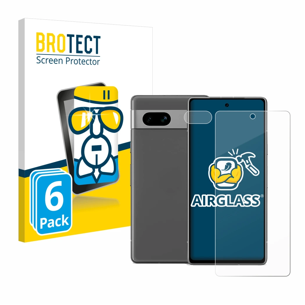 Face avant d’un emballage produit avec le logo de la marque BROTECT. À côté, l’appareil Google Pixel 7a (Avant+Caméra) est rep