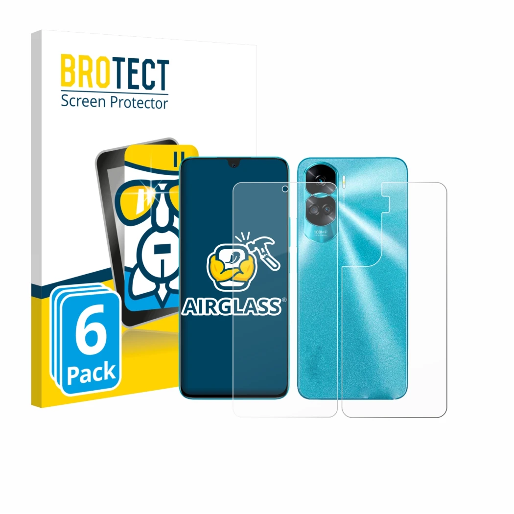 Face avant d’un emballage produit avec le logo de la marque BROTECT. À côté, l’appareil Honor 90 Lite (Avant+Arrière) est repr