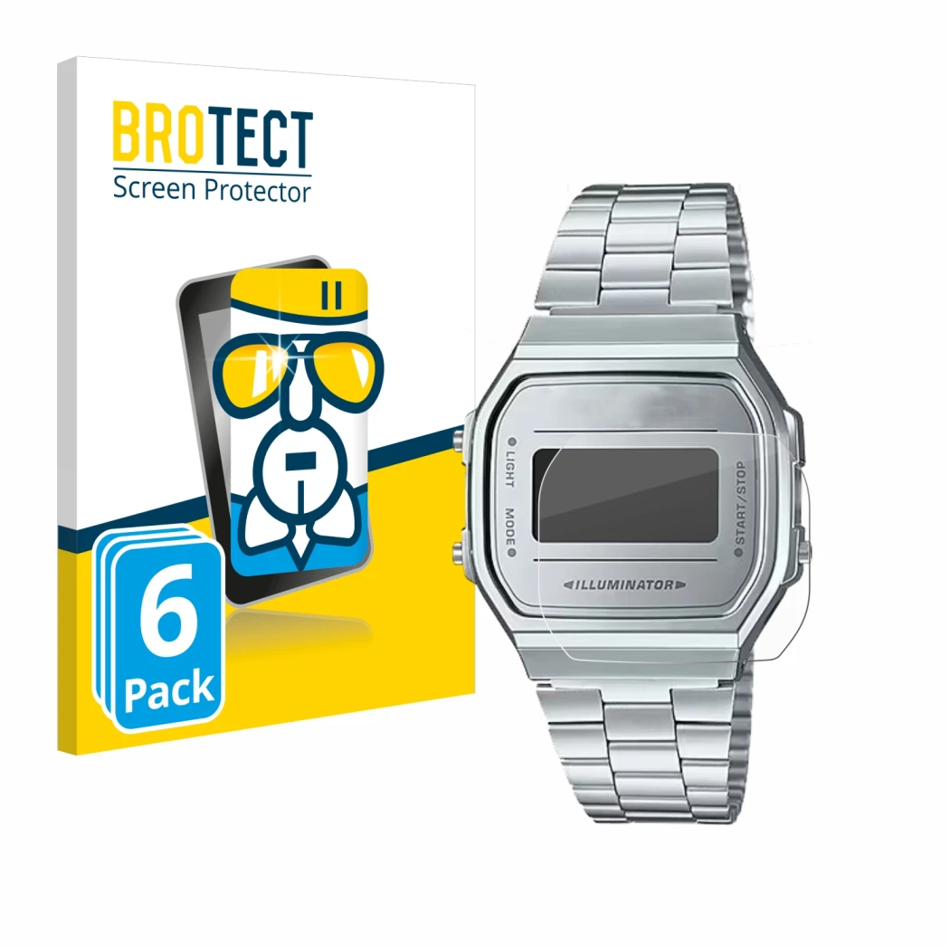 Face avant d’un emballage produit avec le logo de la marque BROTECT. À côté, l’appareil Casio A168WEM-7EF est représenté avec