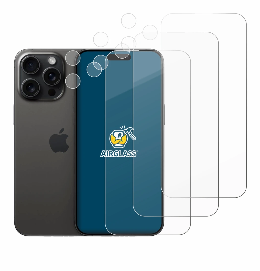 Image de l'appareil Apple iPhone 15 Pro Max (Avant+Caméra) avec une grande variété de protections d'écran.