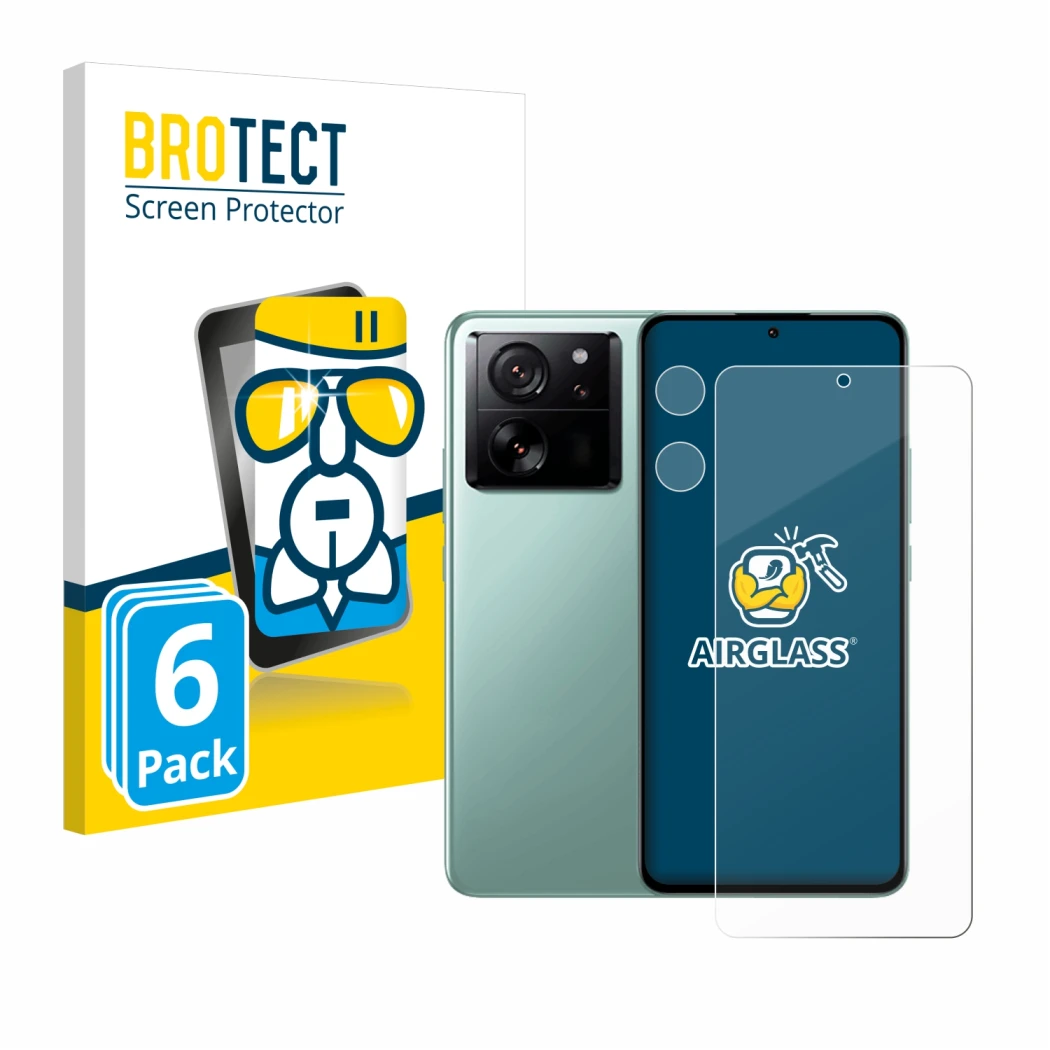 Face avant d’un emballage produit avec le logo de la marque BROTECT. À côté, l’appareil Xiaomi 13T Pro (Avant+Caméra) est repr