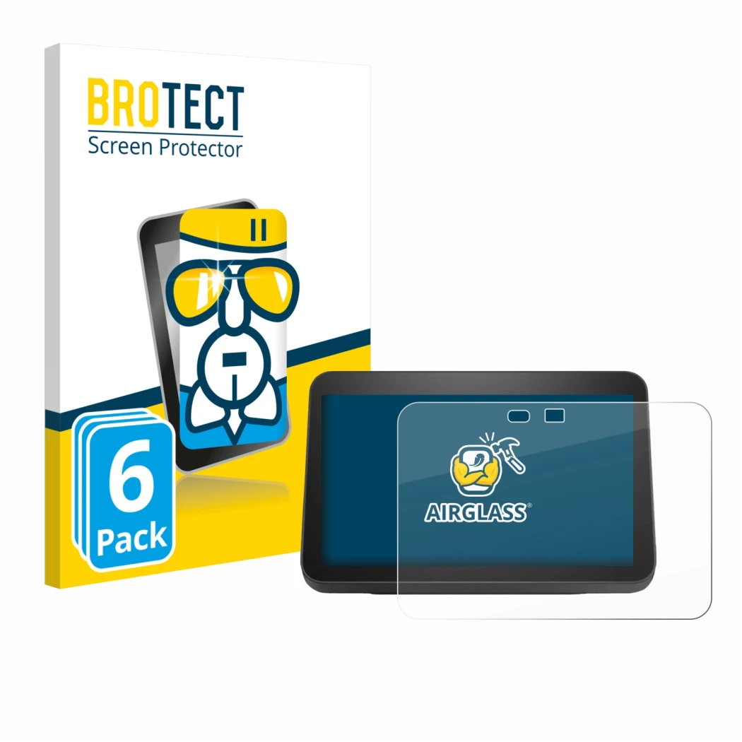 Face avant d’un emballage produit avec le logo de la marque BROTECT. À côté, l’appareil Amazon Echo Show 8 2023 (3ème Gen.) es