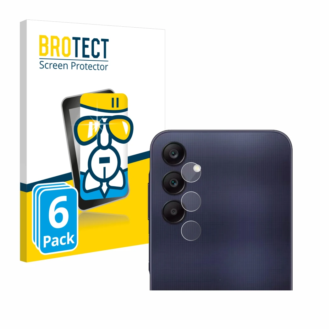 Face avant d’un emballage produit avec le logo de la marque BROTECT. À côté, l’appareil Samsung Galaxy A25 5G (Caméra UNIQUEME