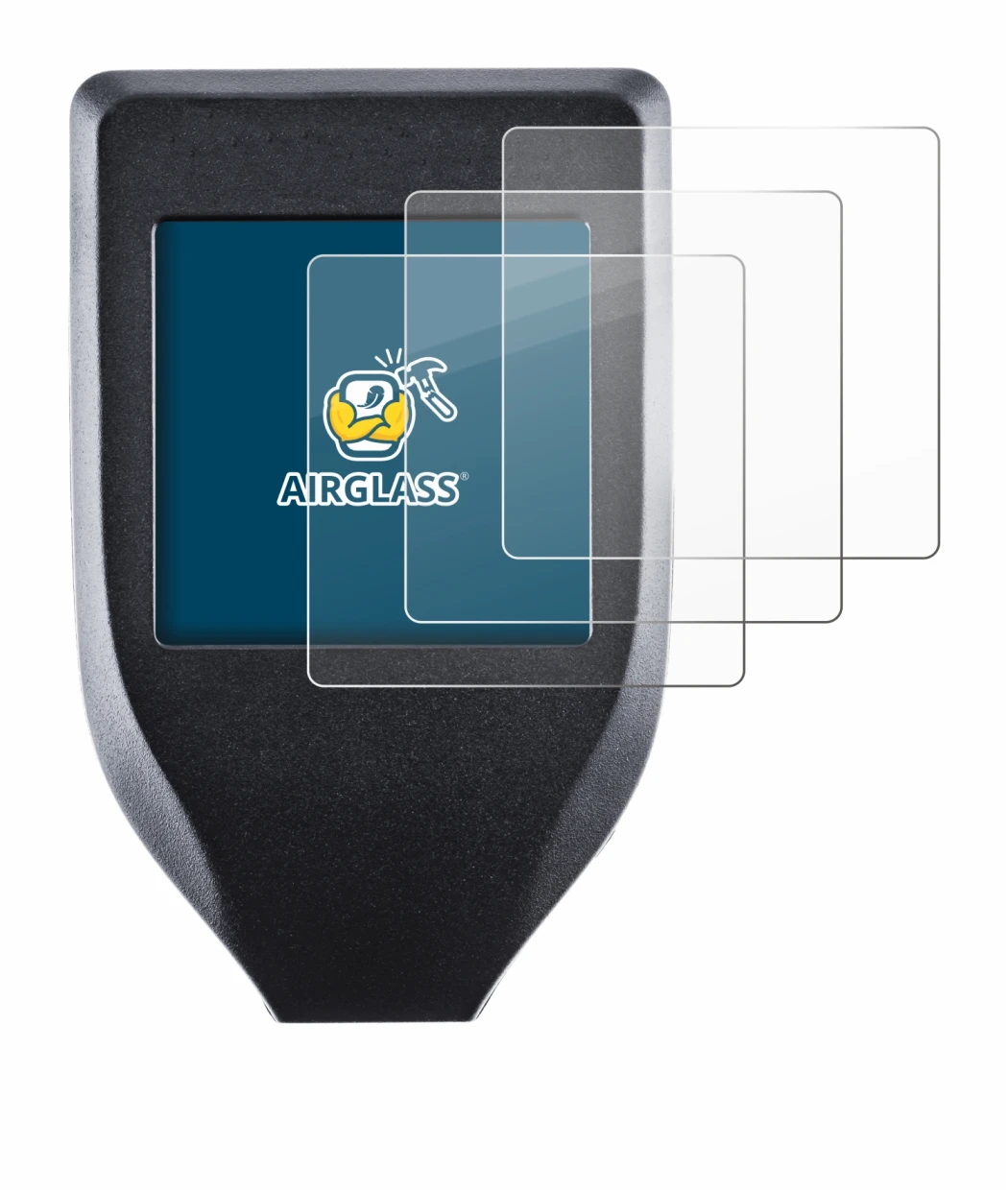 Image de l'appareil Trezor Model T avec une grande variété de protections d'écran.