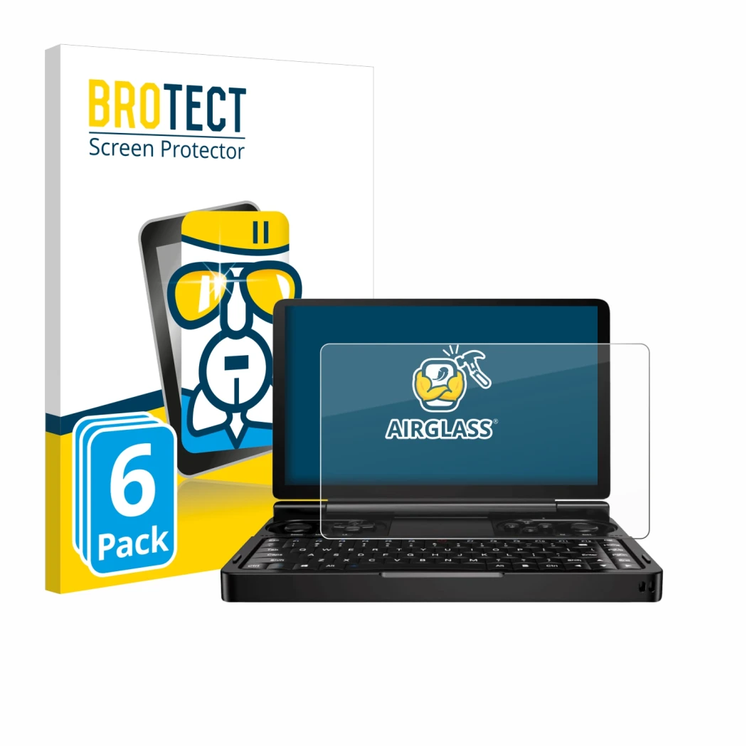 Face avant d’un emballage produit avec le logo de la marque BROTECT. À côté, l’appareil GPD Win Mini (2024) est représenté ave