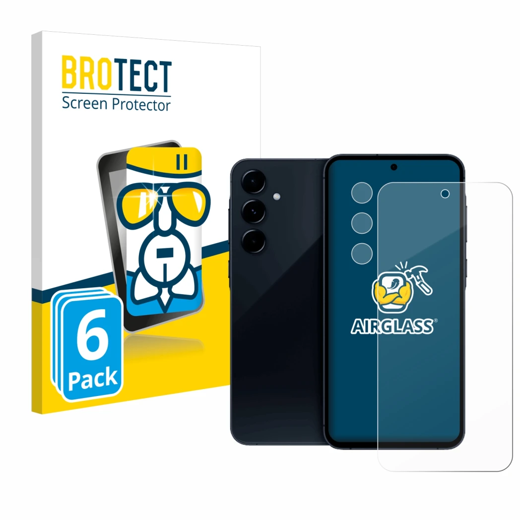 Face avant d’un emballage produit avec le logo de la marque BROTECT. À côté, l’appareil Samsung Galaxy A35 5G (Avant+Caméra) e
