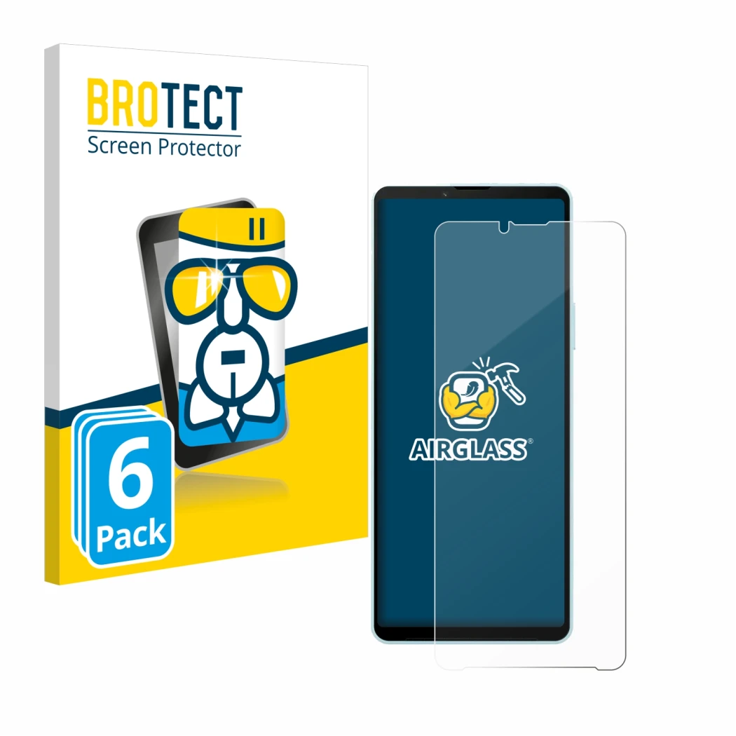 Face avant d’un emballage produit avec le logo de la marque BROTECT. À côté, l’appareil Sony Xperia 10 VI est représenté avec