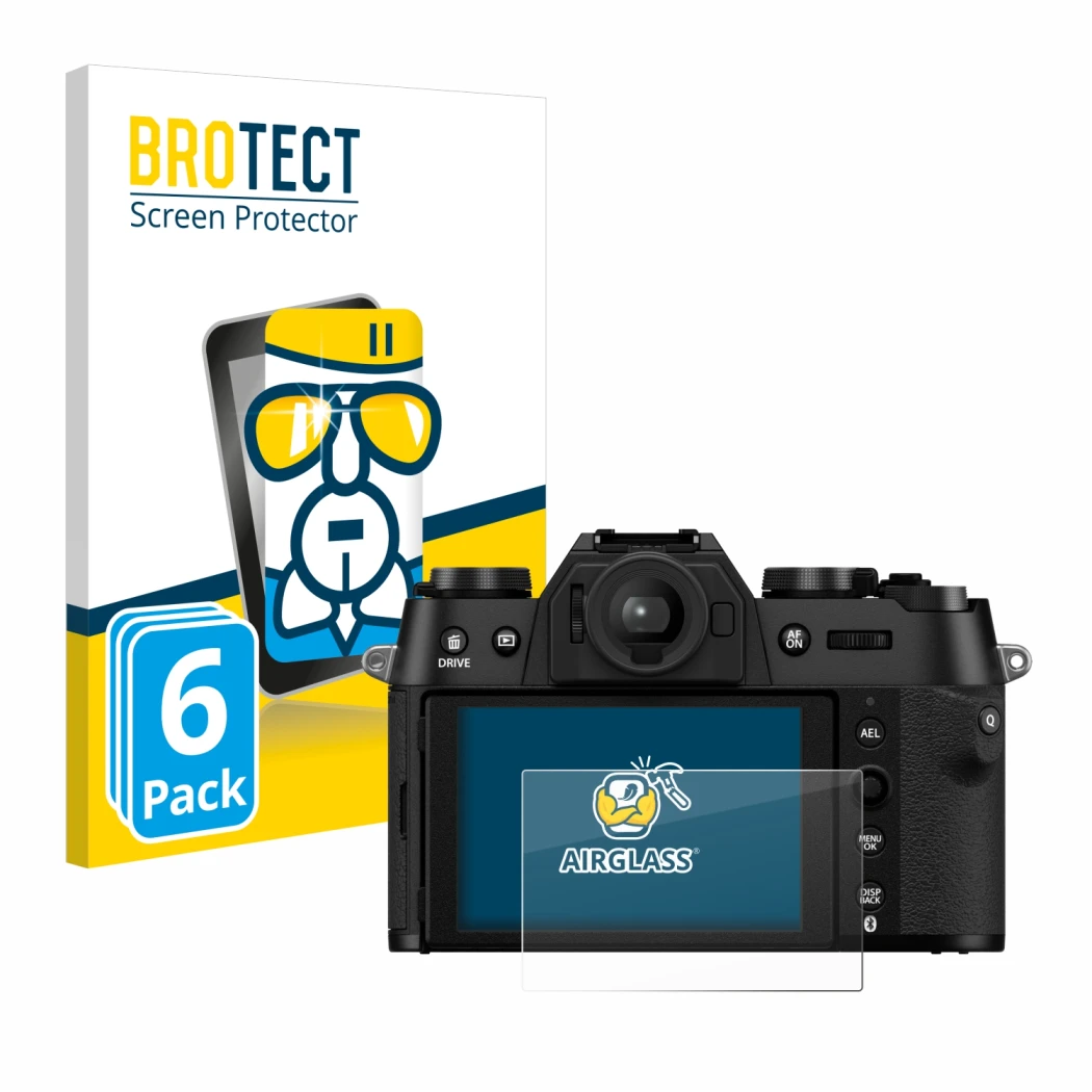 Face avant d’un emballage produit avec le logo de la marque BROTECT. À côté, l’appareil Fujifilm X-T50 est représenté avec la 