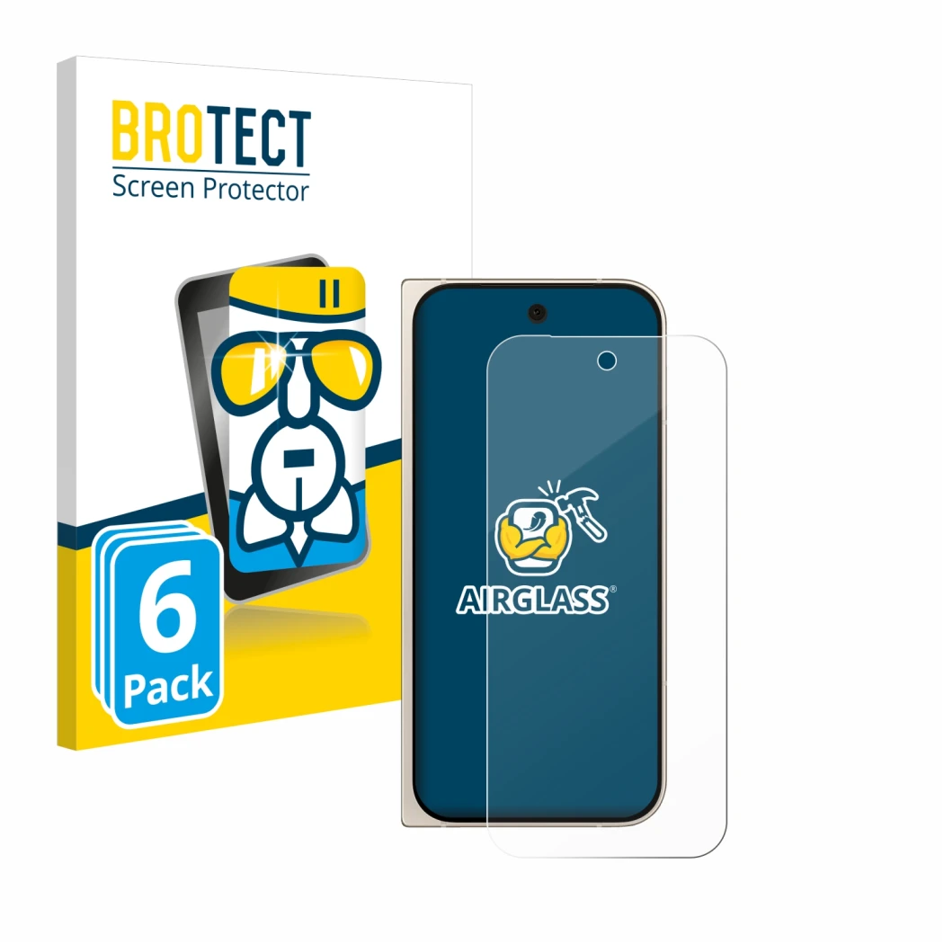 Face avant d’un emballage produit avec le logo de la marque BROTECT. À côté, l’appareil Google Pixel 9 Pro Fold est représenté